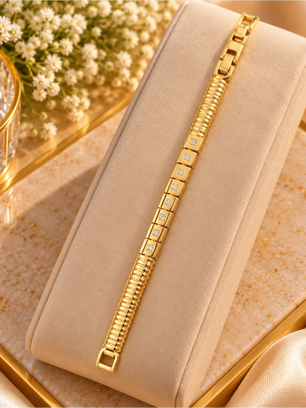 14K Gold Filled Crystal Station Bracelet Adjustable 7-8” Luxury Style
